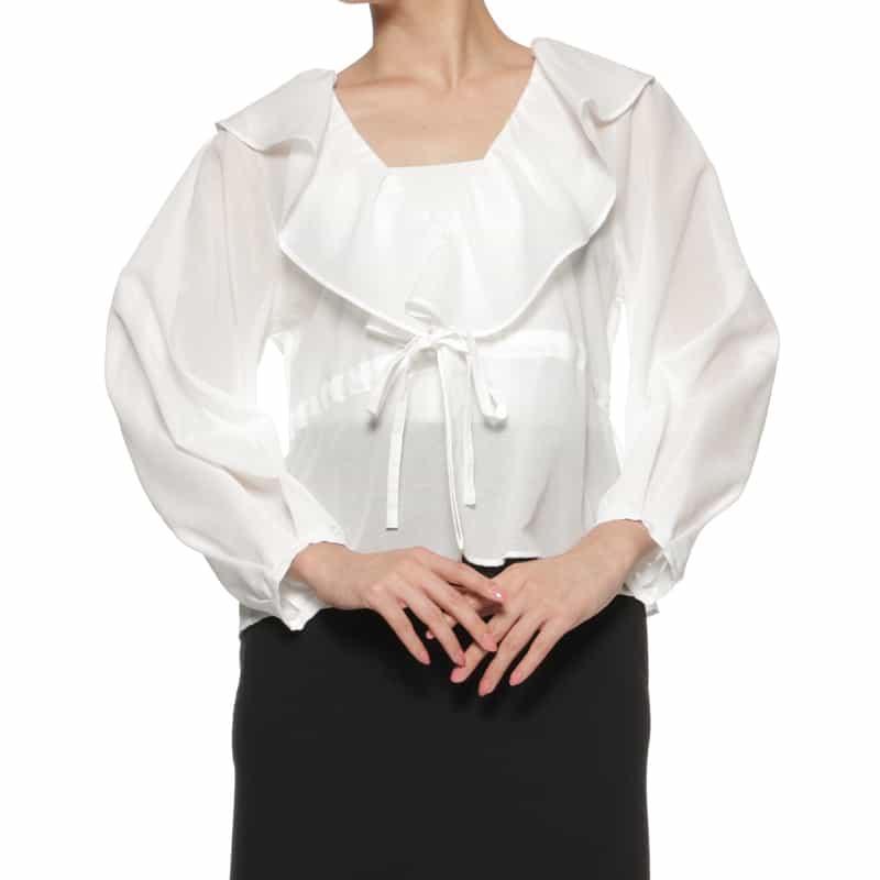 BARNEYS NEW YORK ウォッシャブル フリル付Vネックブラウス WHITE