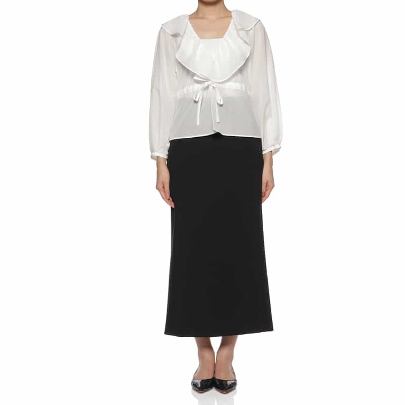 BARNEYS NEW YORK ウォッシャブル フリル付Vネックブラウス WHITE