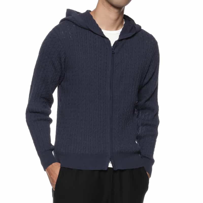 BARNEYS NEW YORK ウォッシャブル ケーブルジップアップパーカー NAVY