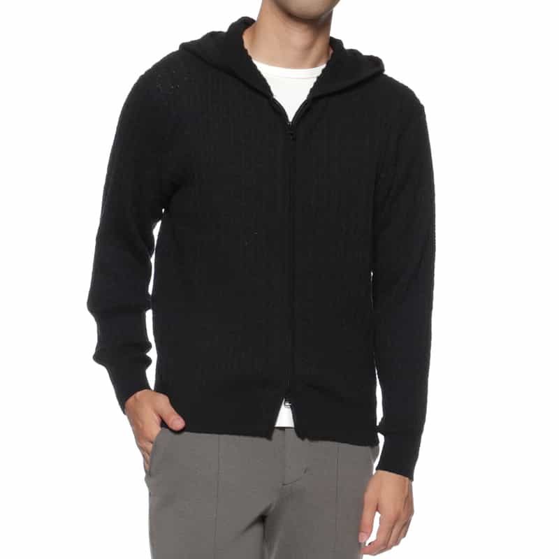 BARNEYS NEW YORK ウォッシャブル ケーブルジップアップパーカー BLACK