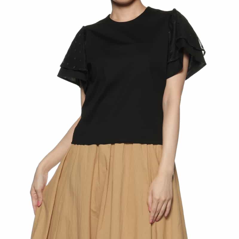 BARNEYS NEW YORK ウォッシャブル ドットレーススリーブカットソー BLACK