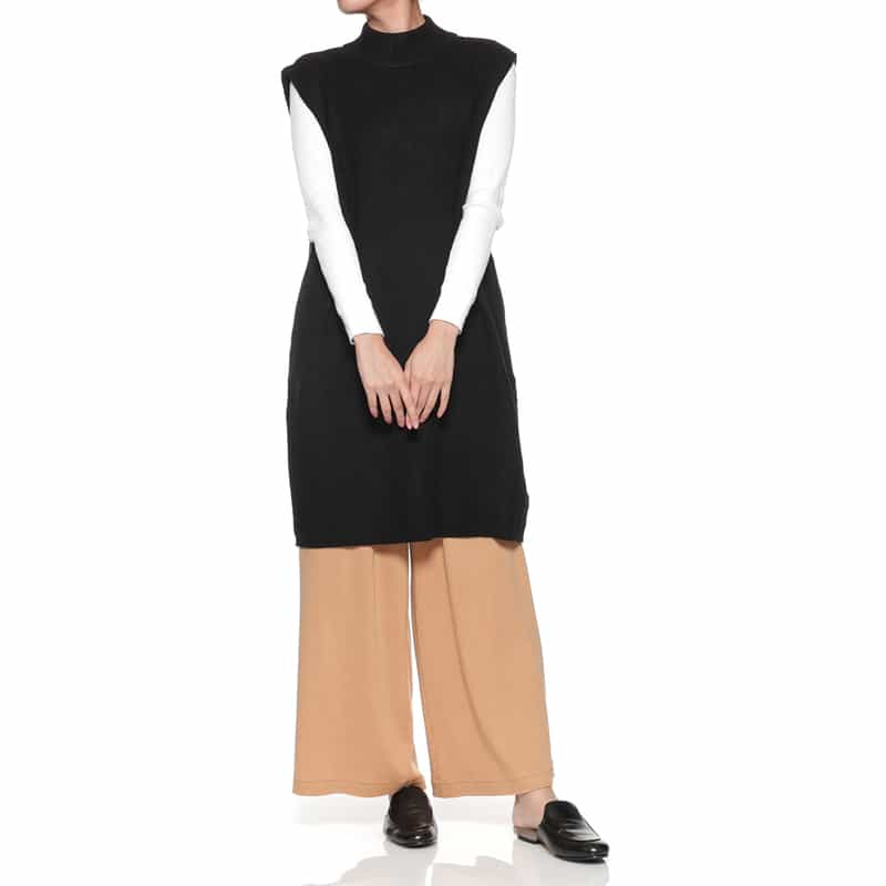 BARNEYS NEW YORK ウォッシャブル ノースリーブ チュニックニットプルオーバー BLACK