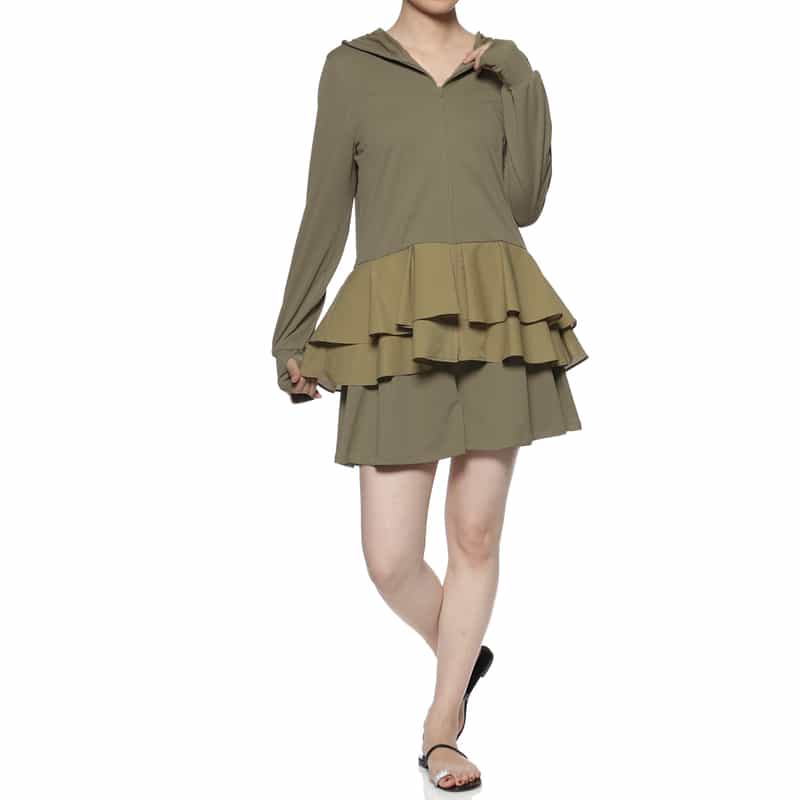 BARNEYS NEW YORK セットアップ ウォッシャブル水陸両用フリル付きジップアップフーディ KHAKI