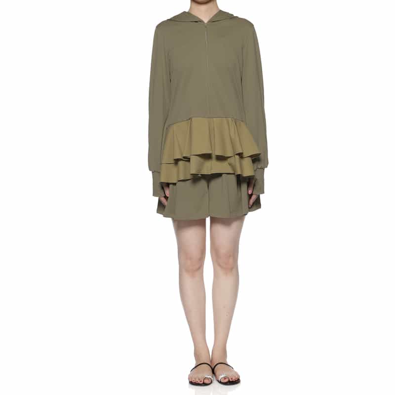 BARNEYS NEW YORK セットアップ ウォッシャブル水陸両用フリル付きジップアップフーディ KHAKI