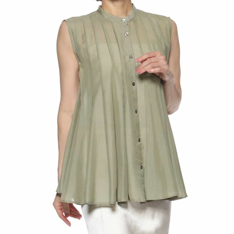 BARNEYS NEW YORK ウォッシャブル ノースリーブブラウス KHAKI