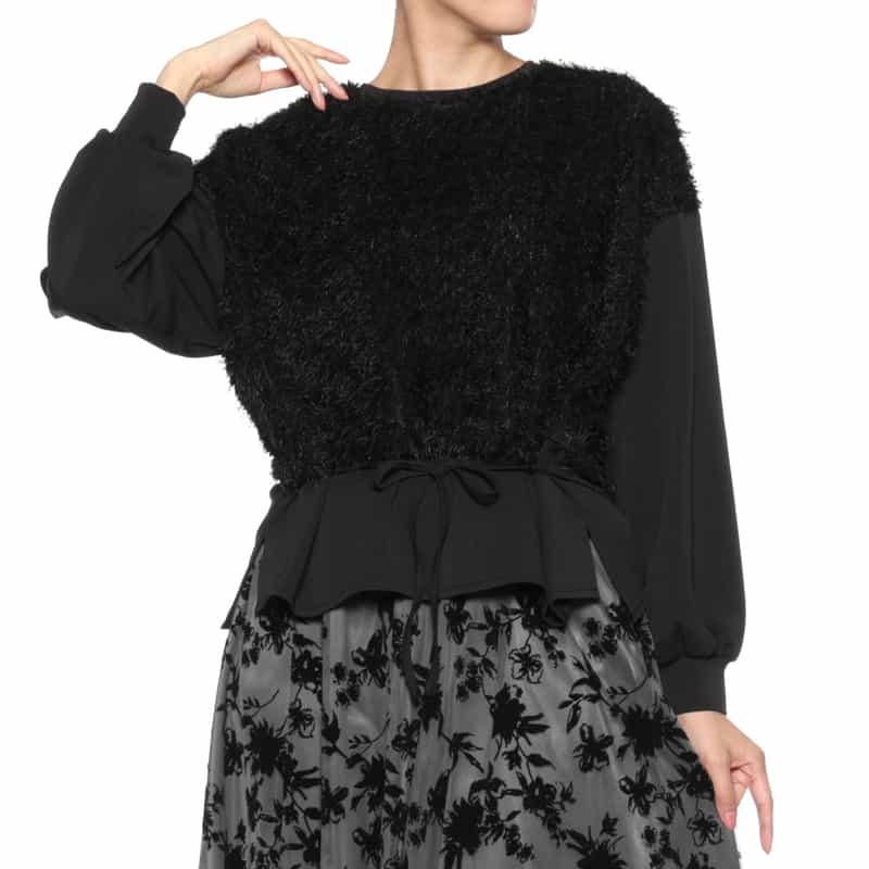 BARNEYS NEW YORK ウォッシャブル フェイクファーコンビネーションプルオーバー BLACK