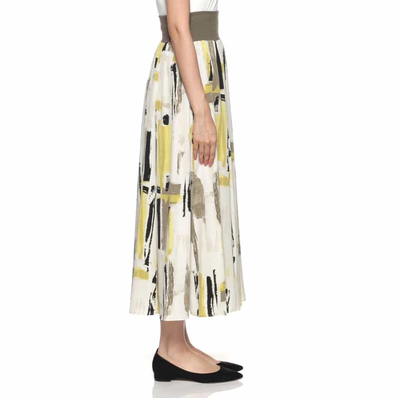 BARNEYS NEW YORK ウォッシャブル ジオメトリック柄ロングスカート YELLOW