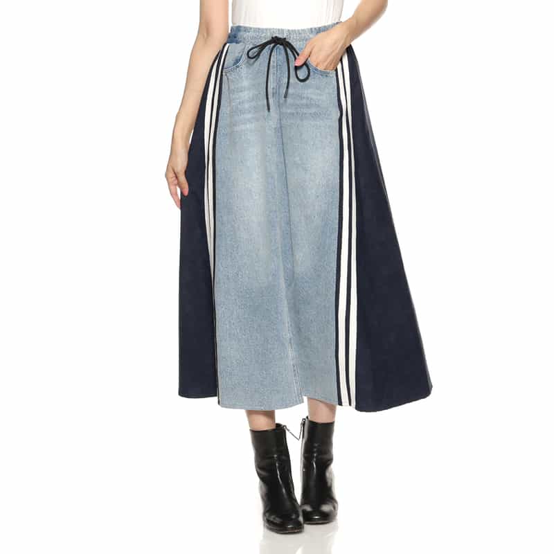 BARNEYS NEW YORK デニム＆コーデュロイ コンビネーション ドローストリング スカート LIGHT BLUE