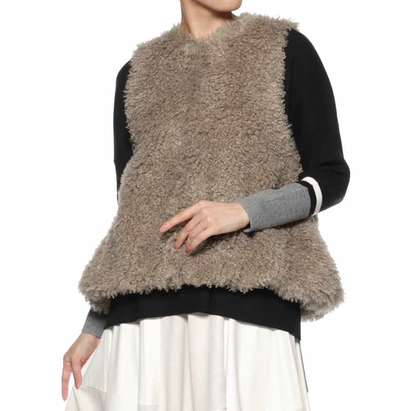 BARNEYS NEW YORK フェイクファー ショートベスト LIGHT BROWN