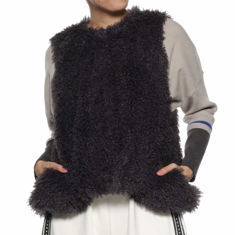 BARNEYS NEW YORK フェイクファー ショートベスト GRAY