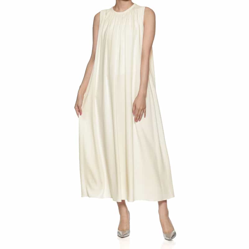 BARNEYS NEW YORK ウォッシャブル ギャザーロングドレス WHITE