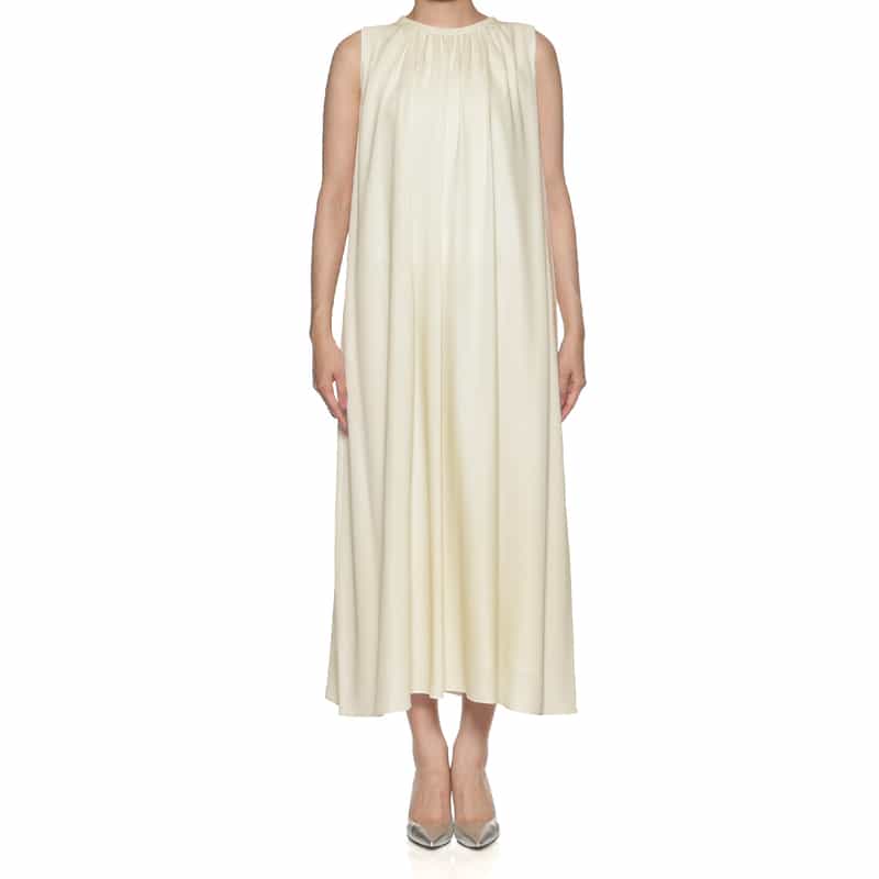 BARNEYS NEW YORK ウォッシャブル ギャザーロングドレス WHITE