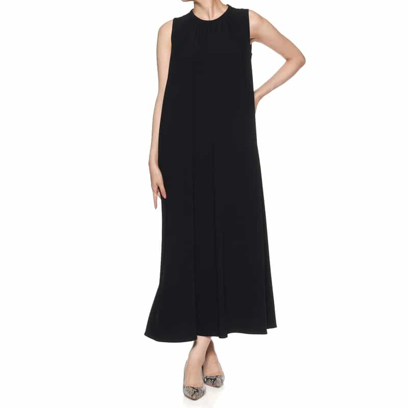 BARNEYS NEW YORK ウォッシャブル ギャザーロングドレス BLACK