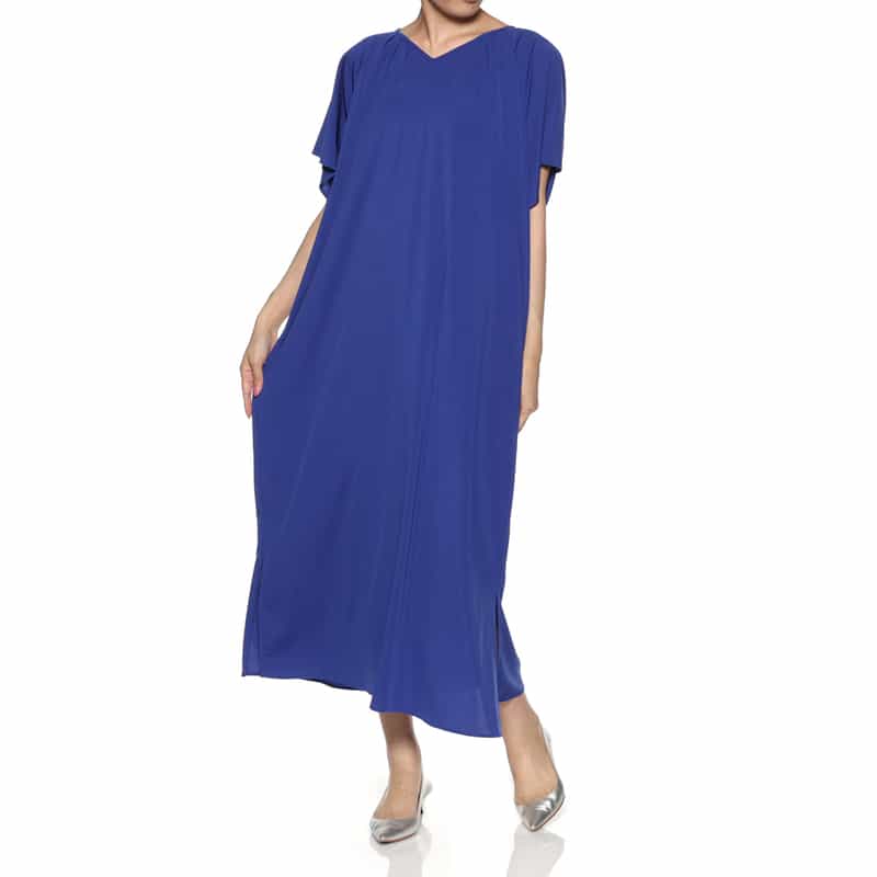 BARNEYS NEW YORK ウォッシャブル ギャザーロングドレス BLUE
