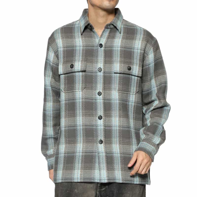 BARNEYS NEW YORK オーバーフィット ワッフルチェック柄シャツ BLUE