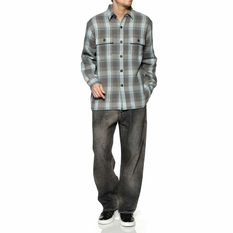 BARNEYS NEW YORK オーバーフィット ワッフルチェック柄シャツ BLUE