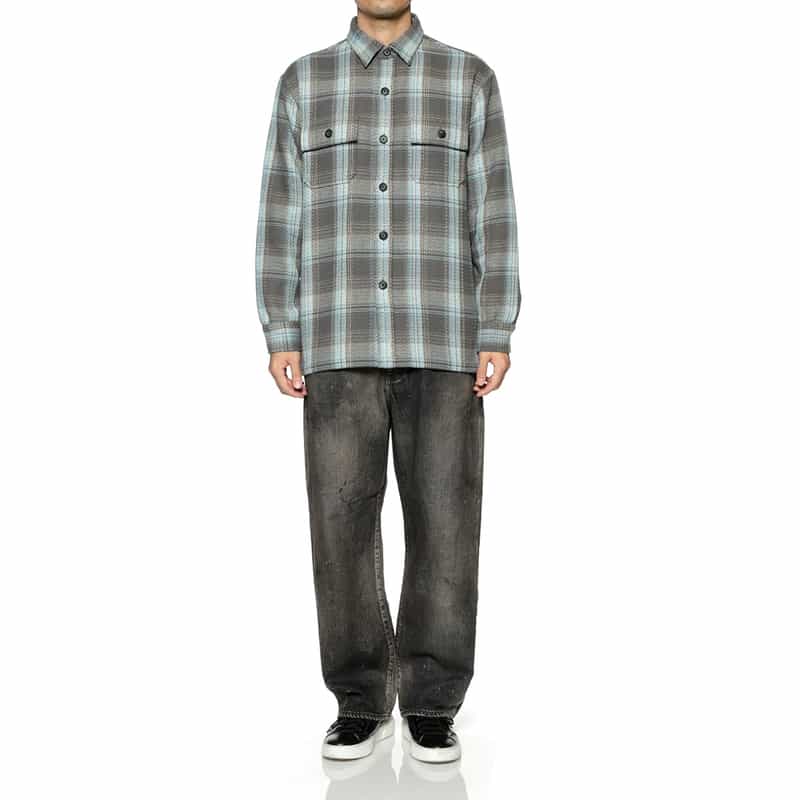 BARNEYS NEW YORK オーバーフィット ワッフルチェック柄シャツ BLUE