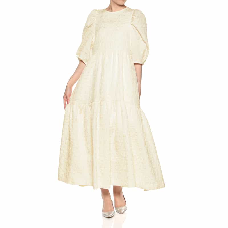 BARNEYS NEW YORK ウォッシャブル ジャガード生地フレアドレス WHITE