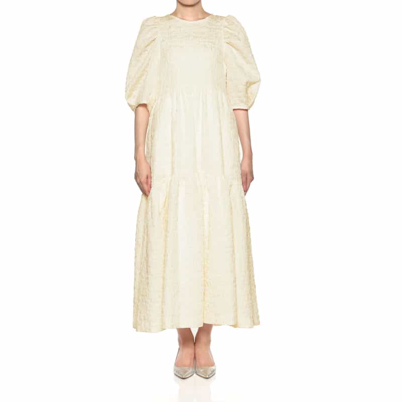 BARNEYS NEW YORK ウォッシャブル ジャガード生地フレアドレス WHITE