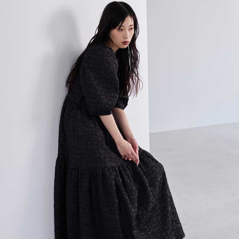 BARNEYS NEW YORK ウォッシャブル ジャガード生地フレアドレス BLACK