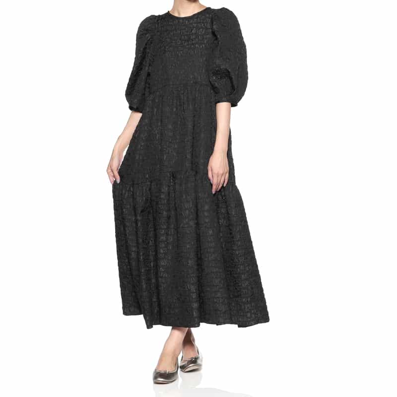 BARNEYS NEW YORK ウォッシャブル ジャガード生地フレアドレス BLACK