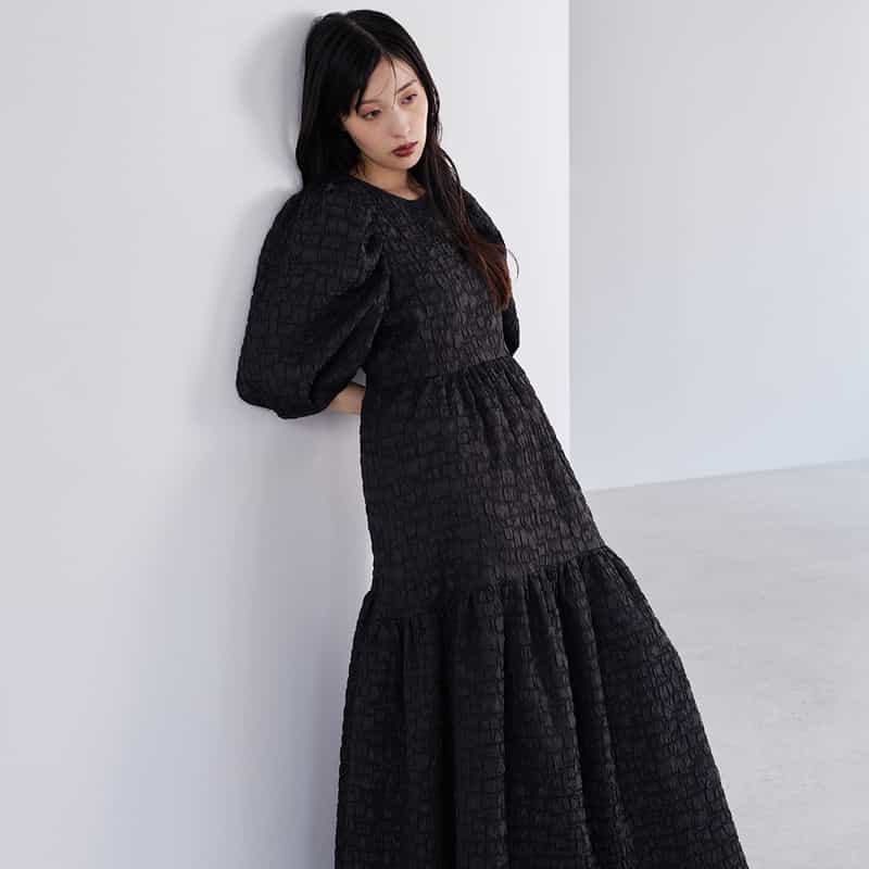 BARNEYS NEW YORK ウォッシャブル ジャガード生地フレアドレス BLACK