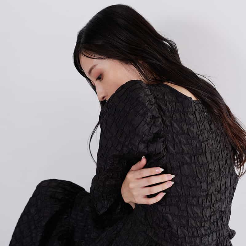 BARNEYS NEW YORK ウォッシャブル ジャガード生地フレアドレス BLACK