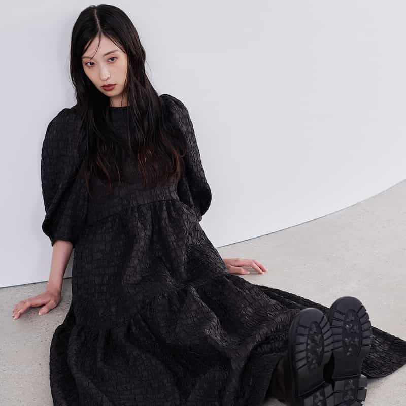 BARNEYS NEW YORK ウォッシャブル ジャガード生地フレアドレス BLACK