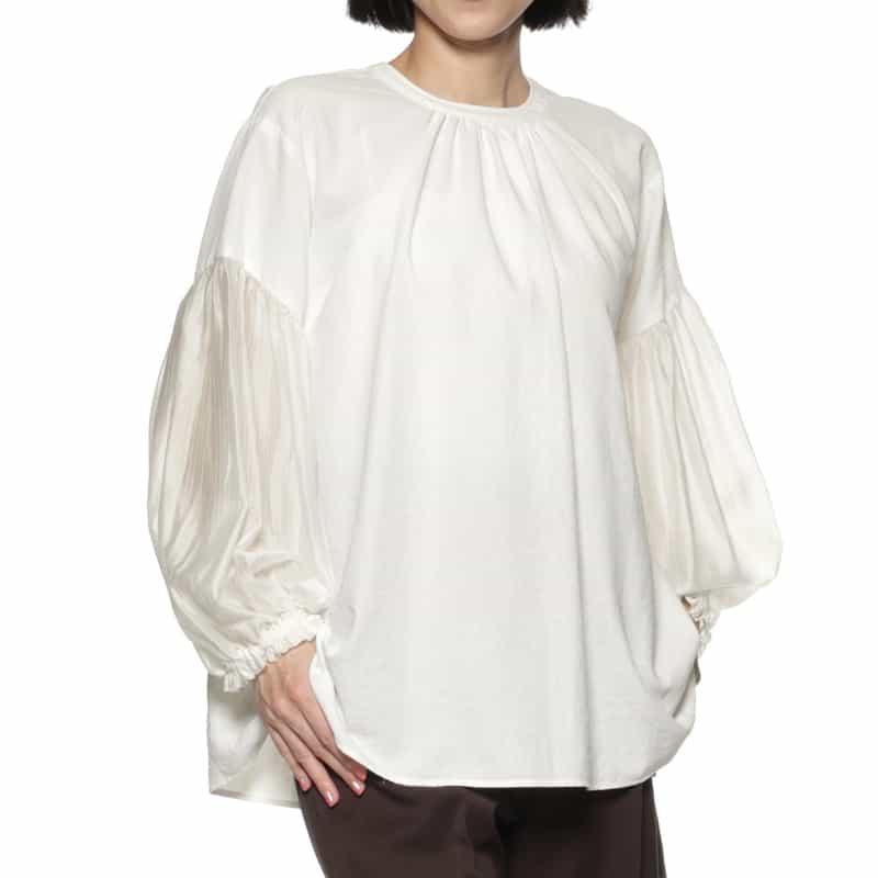 BARNEYS NEW YORK ウォッシャブル ギャザーブラウス WHITE