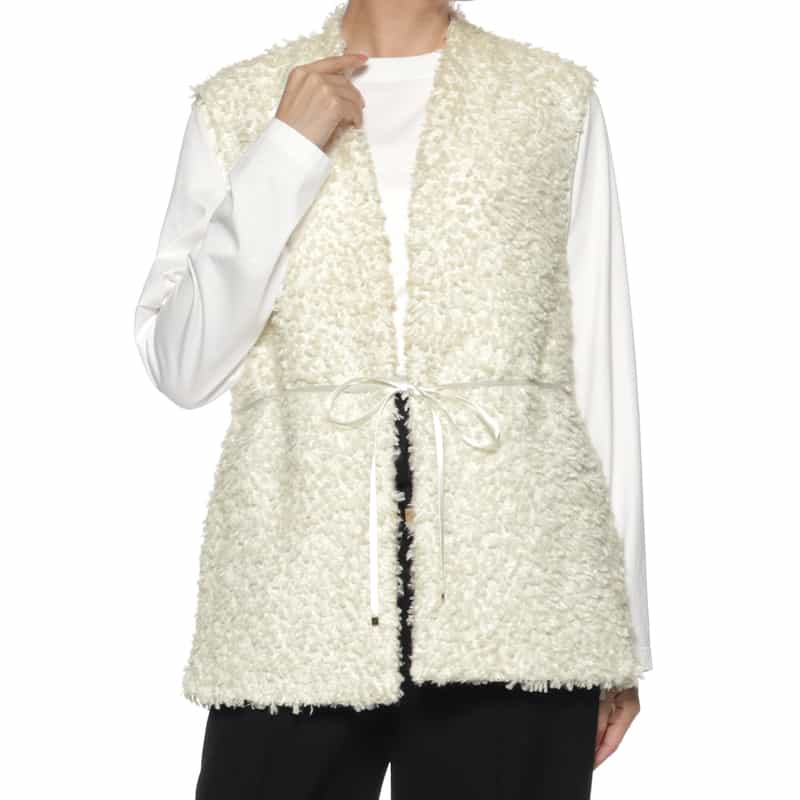 BARNEYS NEW YORK ウォッシャブル フリンジジャカードジレ WHITE