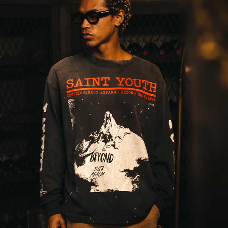 SAINT MXXXXXX SAINT MXXXXXX＜セント マイケル＞ ヴィンテージ加工ロングスリーブプリントカットソー BLACK