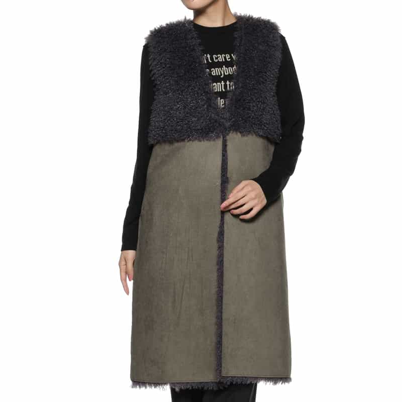 BARNEYS NEW YORK フェイクファー リバーシブル ロングベスト GRAY