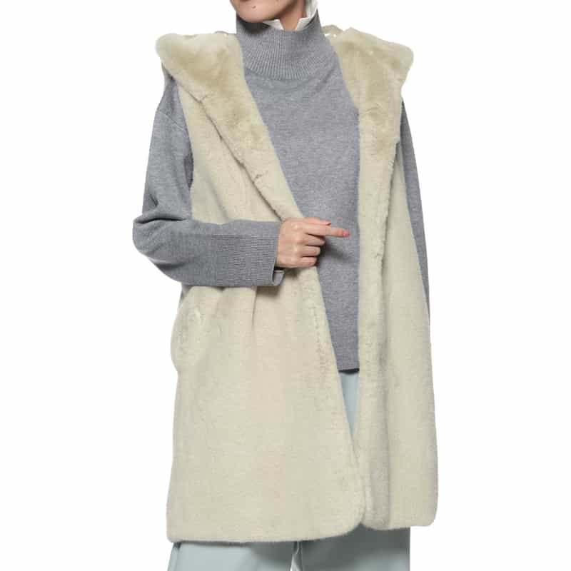 BARNEYS NEW YORK フェイクファー フーデッドロングジレ BEIGE
