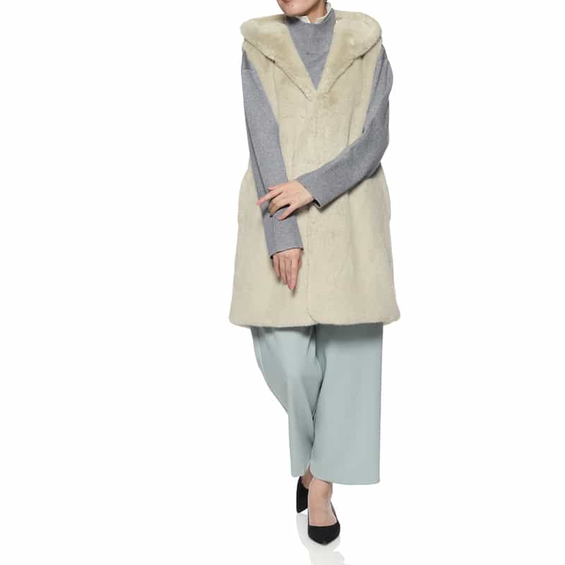 BARNEYS NEW YORK フェイクファー フーデッドロングジレ BEIGE