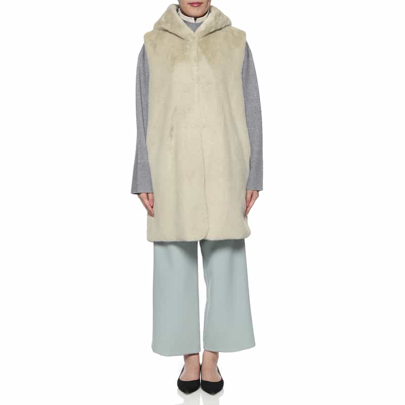 BARNEYS NEW YORK フェイクファー フーデッドロングジレ BEIGE