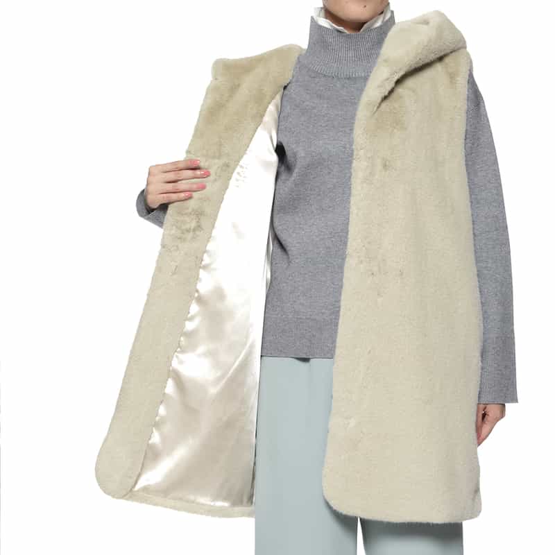 BARNEYS NEW YORK フェイクファー フーデッドロングジレ BEIGE