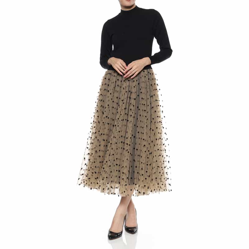 BARNEYS NEW YORK ウォッシャブル 異素材コンビネーション チュールドット柄フロッキードレス BEIGE
