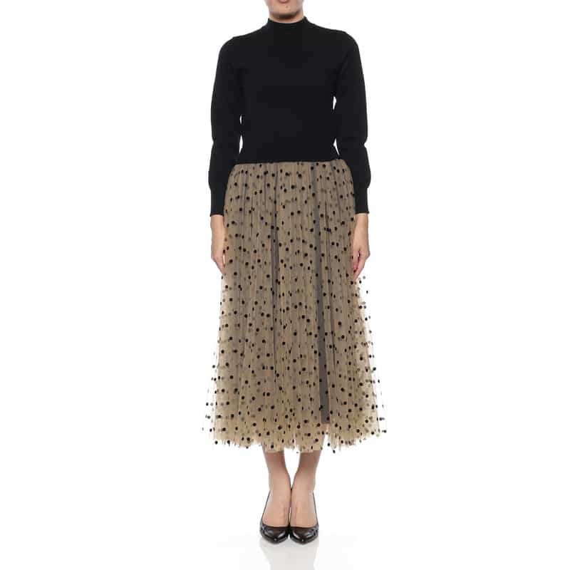 BARNEYS NEW YORK ウォッシャブル 異素材コンビネーション チュールドット柄フロッキードレス BEIGE