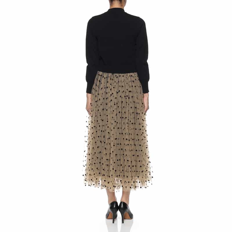 BARNEYS NEW YORK ウォッシャブル 異素材コンビネーション チュールドット柄フロッキードレス BEIGE