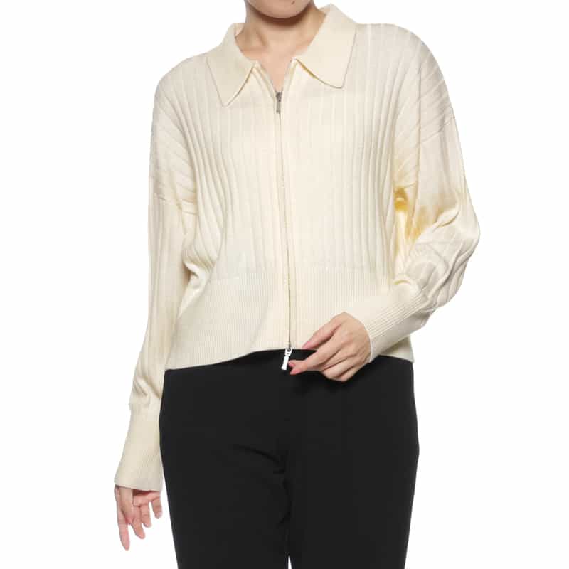 BARNEYS NEW YORK ジップアップ 襟付きリブニットカーディガン IVORY