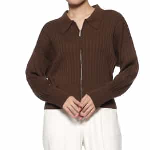 ジップアップ 襟付きリブニットカーディガン