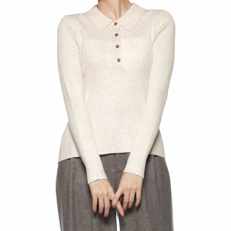 BARNEYS NEW YORK ウォッシャブル リブポロニットプルオーバー IVORY