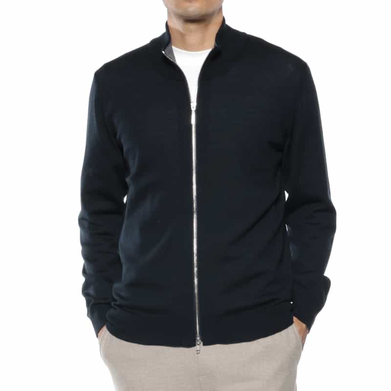BARNEYS NEW YORK ジップアップ ウールニットカーディガン NAVY