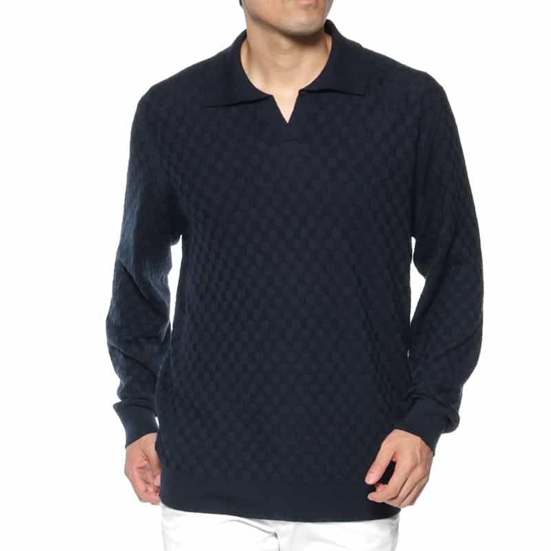 BARNEYS NEW YORK スキッパーニットポロシャツ NAVY