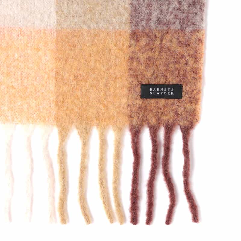 BARNEYS NEW YORK チェック柄フリンジスカーフ ORANGE