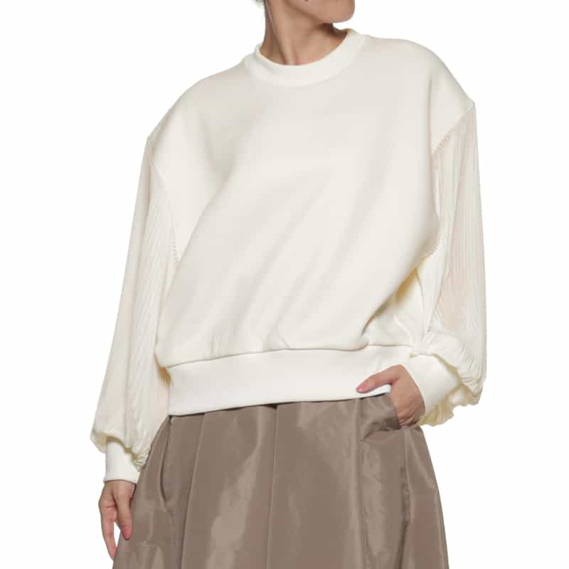 BARNEYS NEW YORK ウォッシャブル 異素材コンビネーション プリーツスリーブプルオーバー WHITE