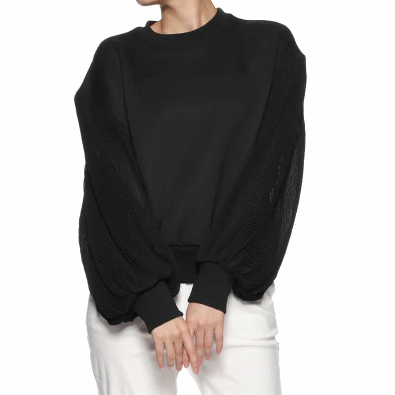 BARNEYS NEW YORK ウォッシャブル 異素材コンビネーション プリーツスリーブプルオーバー BLACK