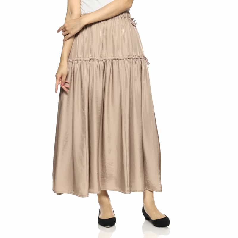 BARNEYS NEW YORK ウォッシャブル サイドドローストリング シャイニーギャザーロングスカート BROWN