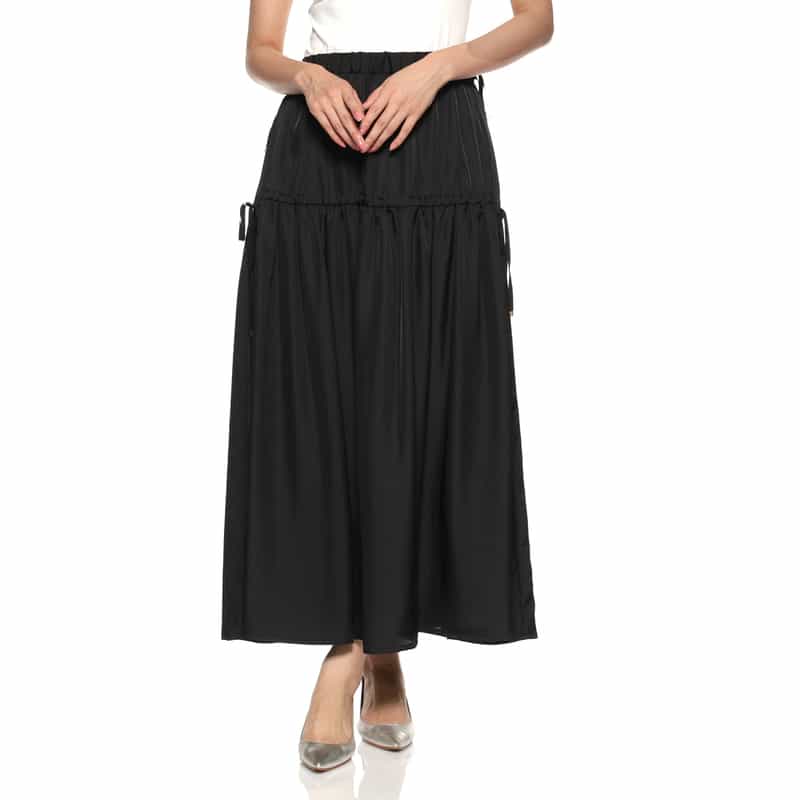 BARNEYS NEW YORK ウォッシャブル サイドドローストリング シャイニーギャザーロングスカート BLACK