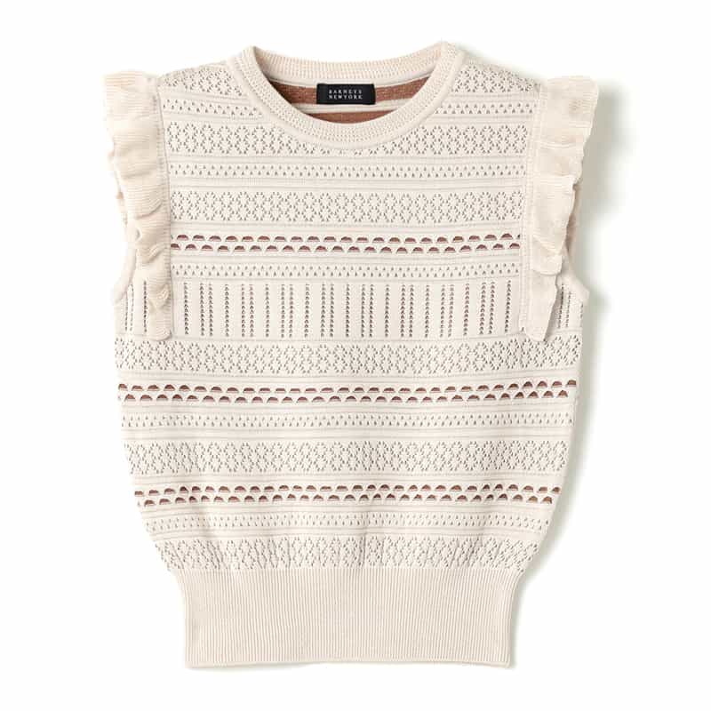 BARNEYS NEW YORK セットアップ フリルスリーブ ジャカードニットプルオーバー IVORY